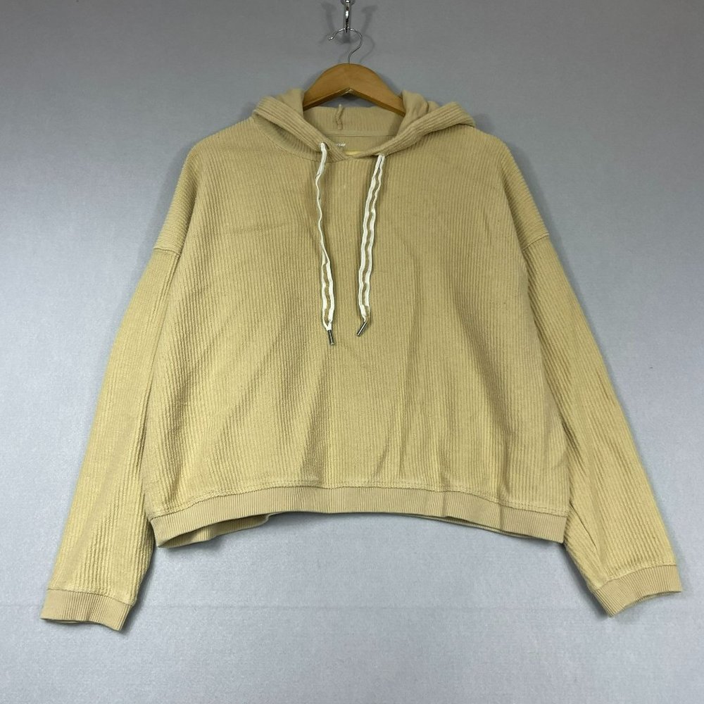 Aerie New Love Ribbed Terry Oversized Crop Hoodie Size L Cream Drop Shoulder